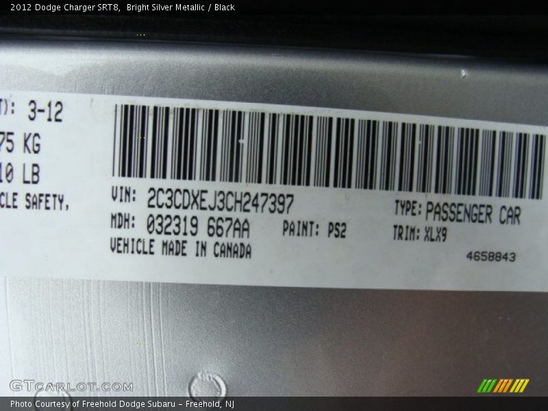 2012 Charger SRT8 Bright Silver Metallic Color Code PS2