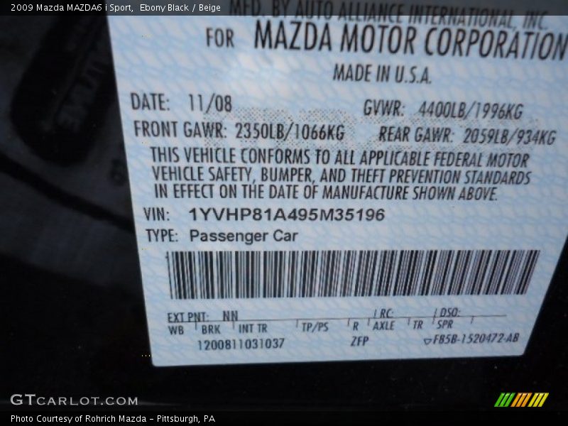 Ebony Black / Beige 2009 Mazda MAZDA6 i Sport