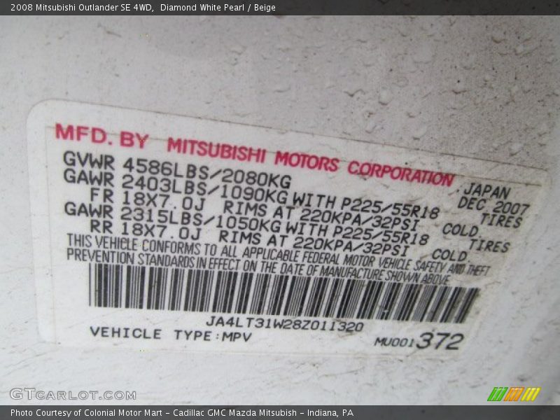 Diamond White Pearl / Beige 2008 Mitsubishi Outlander SE 4WD