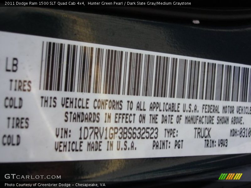 2011 Ram 1500 SLT Quad Cab 4x4 Hunter Green Pearl Color Code PGT