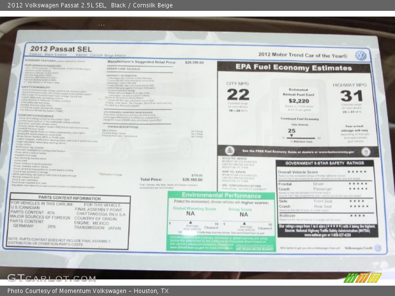 Black / Cornsilk Beige 2012 Volkswagen Passat 2.5L SEL