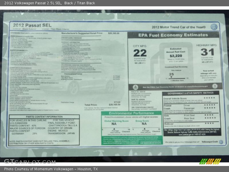 Black / Titan Black 2012 Volkswagen Passat 2.5L SEL
