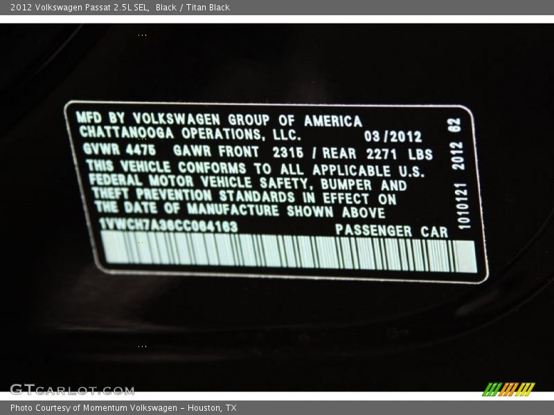 Black / Titan Black 2012 Volkswagen Passat 2.5L SEL