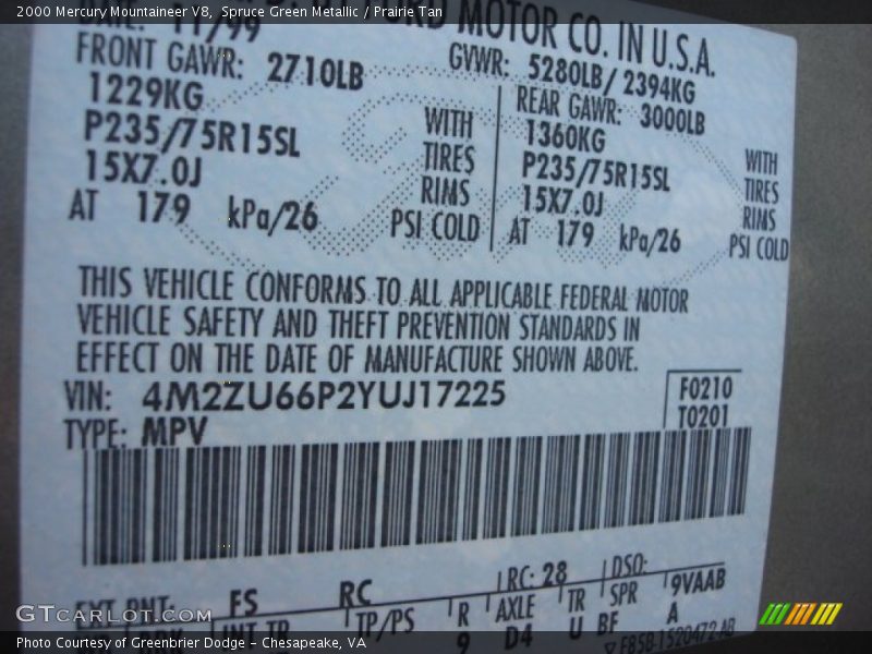 2000 Mountaineer V8 Spruce Green Metallic Color Code FS