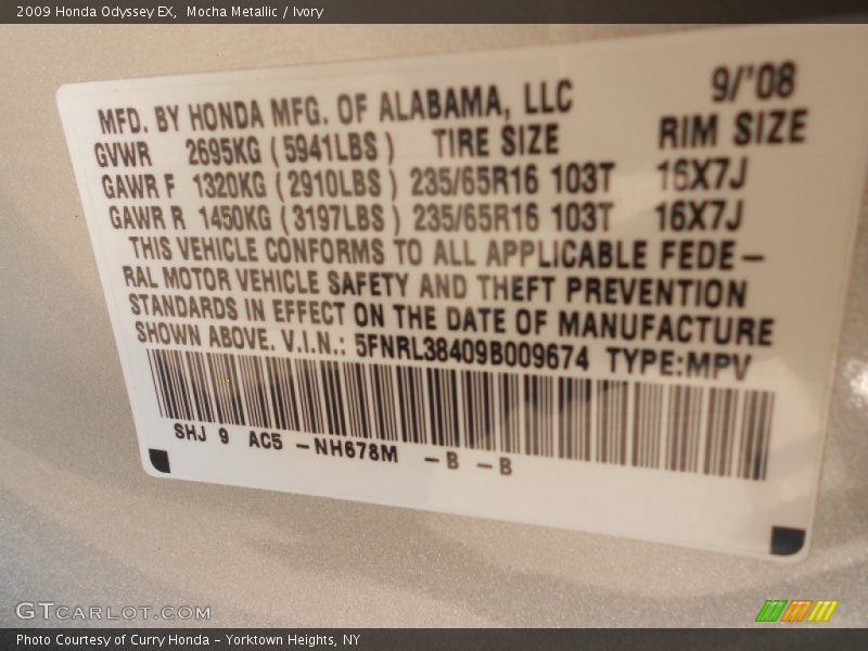 Mocha Metallic / Ivory 2009 Honda Odyssey EX