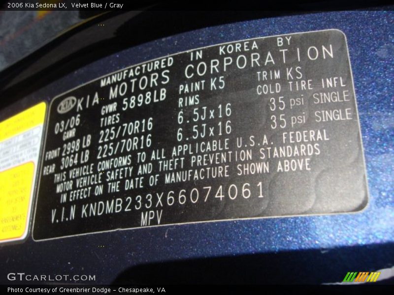 2006 Sedona LX Velvet Blue Color Code K5