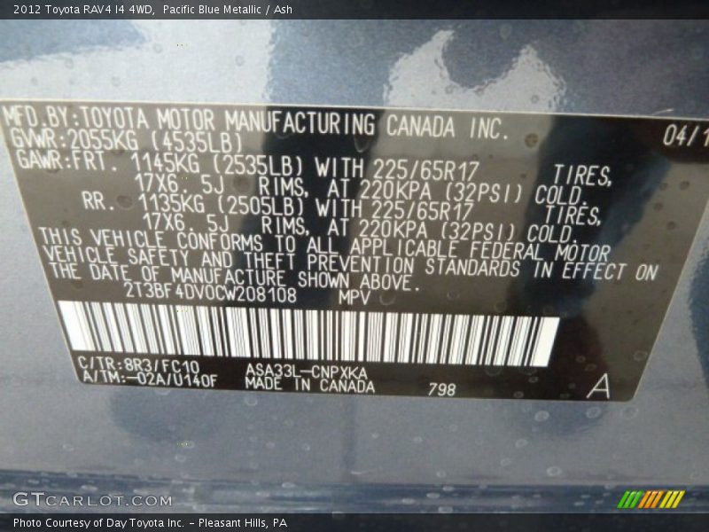 Pacific Blue Metallic / Ash 2012 Toyota RAV4 I4 4WD