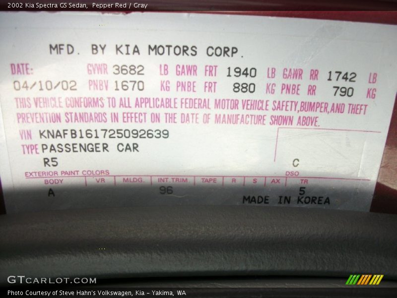 Pepper Red / Gray 2002 Kia Spectra GS Sedan