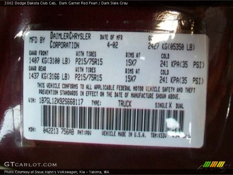 Dark Garnet Red Pearl / Dark Slate Gray 2002 Dodge Dakota Club Cab