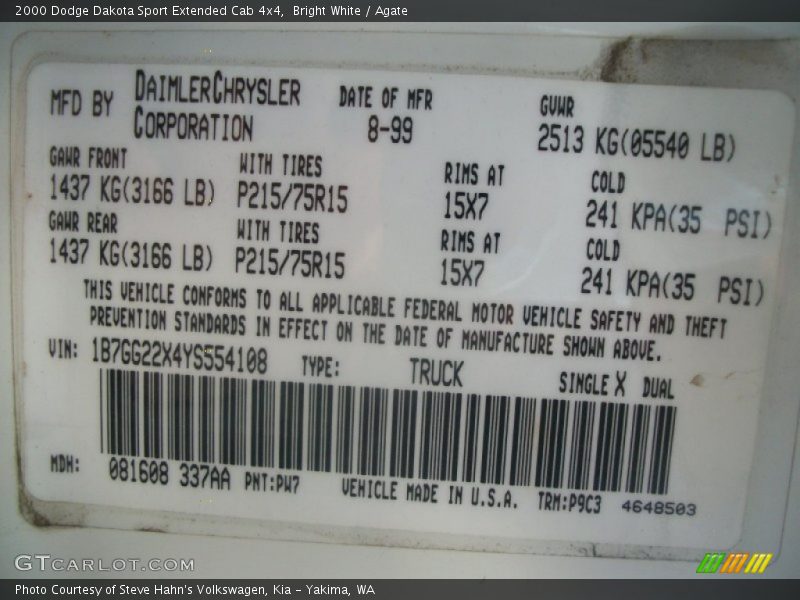 2000 Dakota Sport Extended Cab 4x4 Bright White Color Code PW7