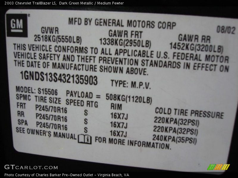 Dark Green Metallic / Medium Pewter 2003 Chevrolet TrailBlazer LS