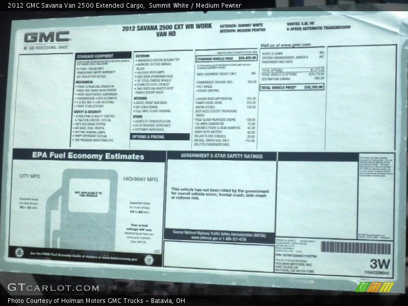  2012 Savana Van 2500 Extended Cargo Window Sticker