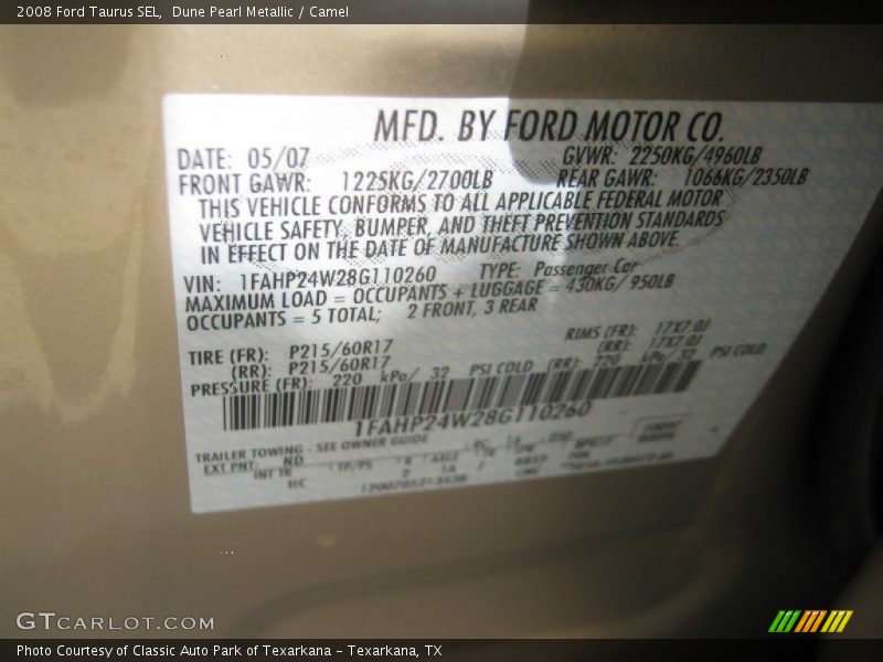 2008 Taurus SEL Dune Pearl Metallic Color Code ND