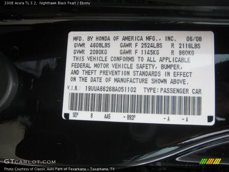 Nighthawk Black Pearl / Ebony 2008 Acura TL 3.2