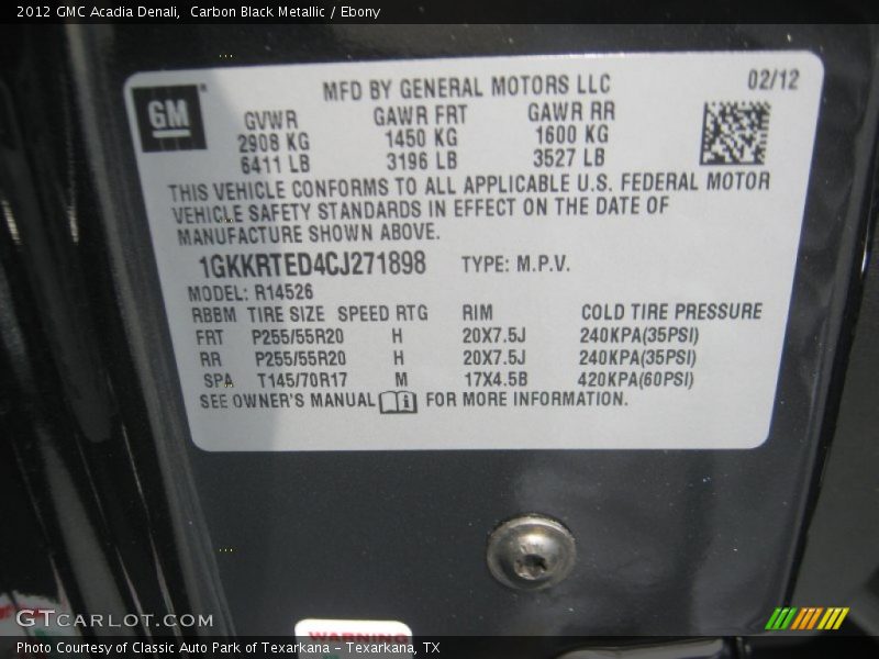 Carbon Black Metallic / Ebony 2012 GMC Acadia Denali