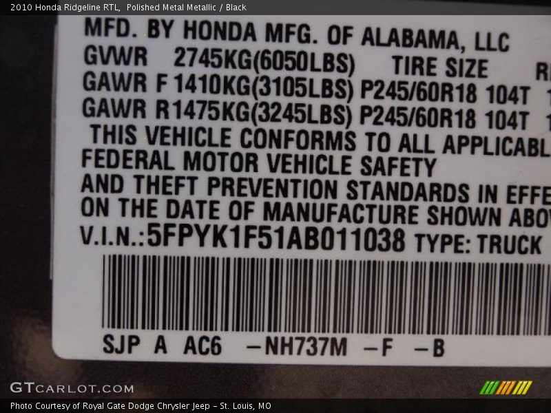 Polished Metal Metallic / Black 2010 Honda Ridgeline RTL