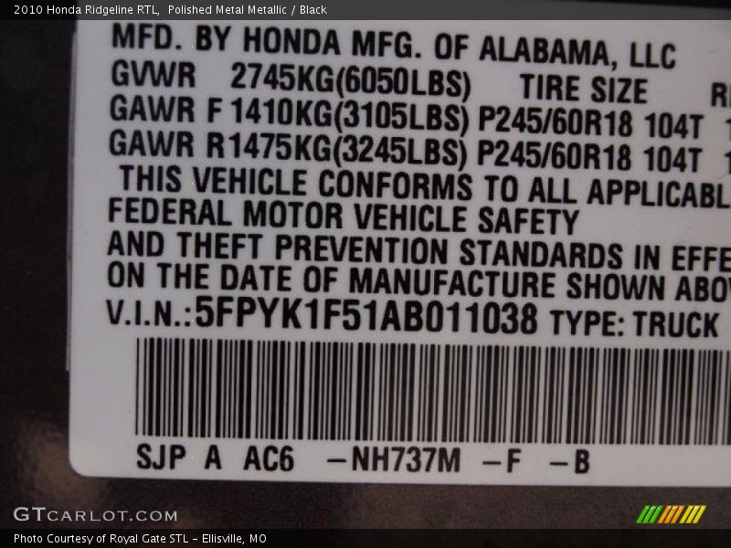 2010 Ridgeline RTL Polished Metal Metallic Color Code NH737M