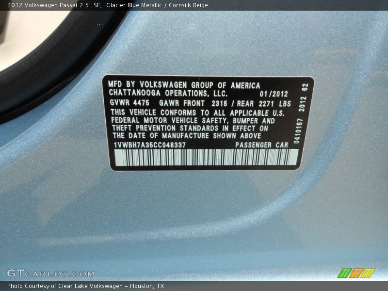 Glacier Blue Metallic / Cornsilk Beige 2012 Volkswagen Passat 2.5L SE