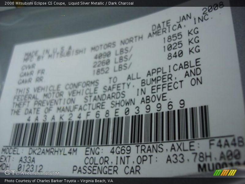 Liquid Silver Metallic / Dark Charcoal 2008 Mitsubishi Eclipse GS Coupe