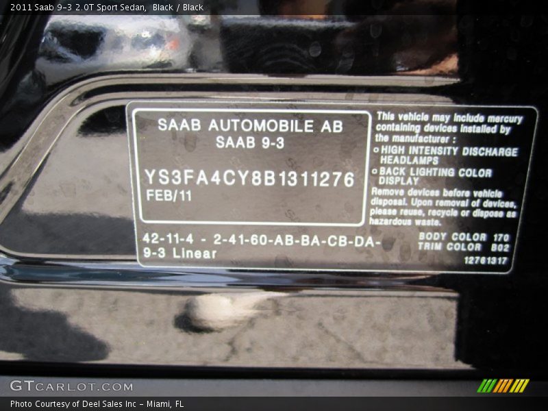 2011 9-3 2.0T Sport Sedan Black Color Code 170
