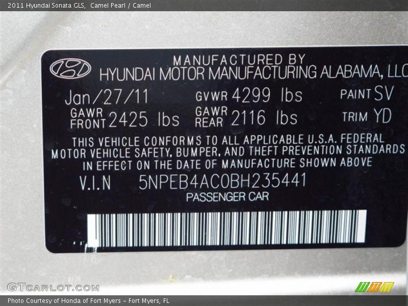 2011 Sonata GLS Camel Pearl Color Code SV
