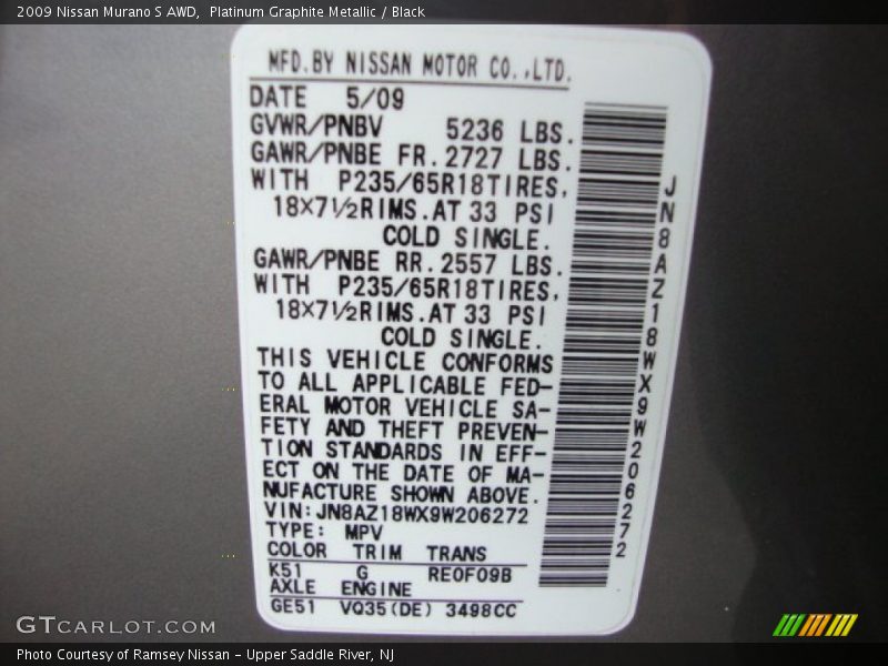 Platinum Graphite Metallic / Black 2009 Nissan Murano S AWD