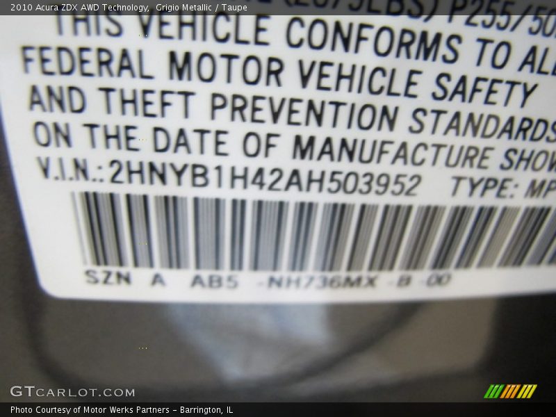 Grigio Metallic / Taupe 2010 Acura ZDX AWD Technology