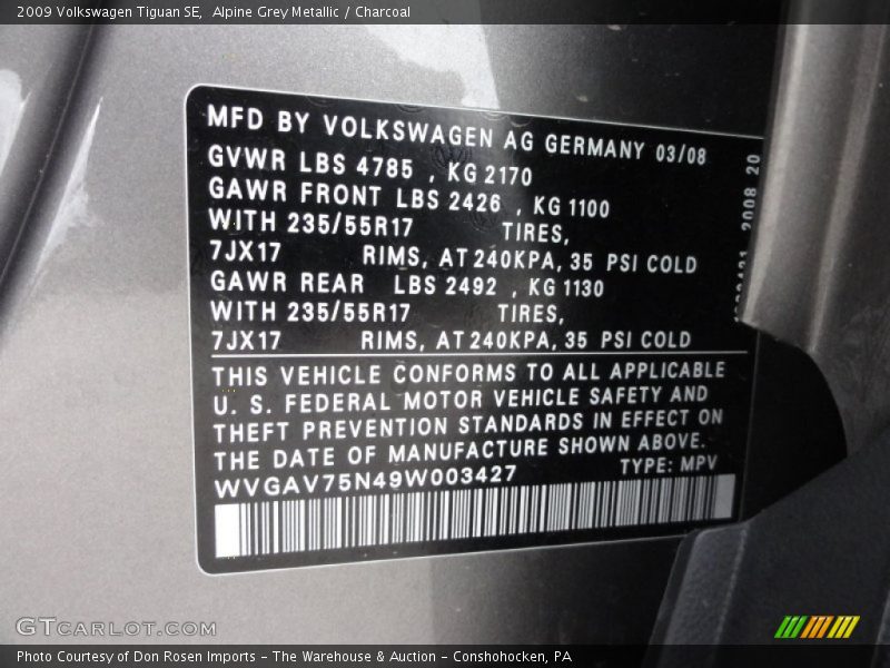 Alpine Grey Metallic / Charcoal 2009 Volkswagen Tiguan SE