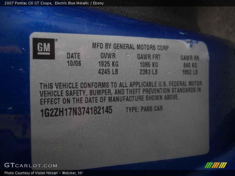 Electric Blue Metallic / Ebony 2007 Pontiac G6 GT Coupe