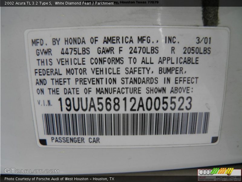 White Diamond Pearl / Parchment 2002 Acura TL 3.2 Type S