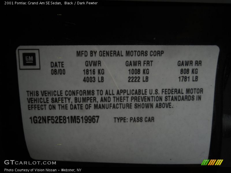Black / Dark Pewter 2001 Pontiac Grand Am SE Sedan