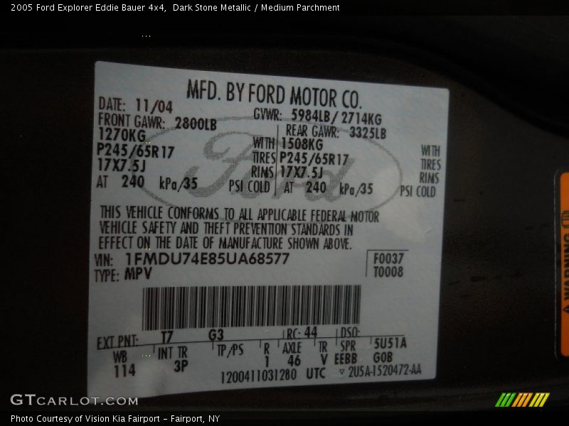 2005 Explorer Eddie Bauer 4x4 Dark Stone Metallic Color Code T7