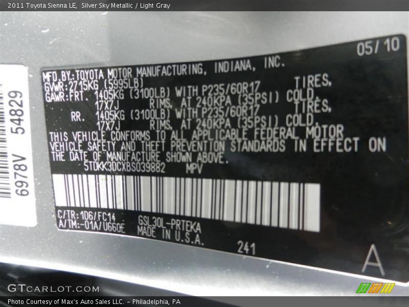 Silver Sky Metallic / Light Gray 2011 Toyota Sienna LE