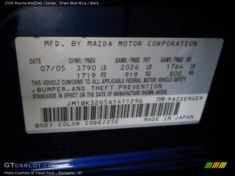Strato Blue Mica / Black 2006 Mazda MAZDA3 i Sedan