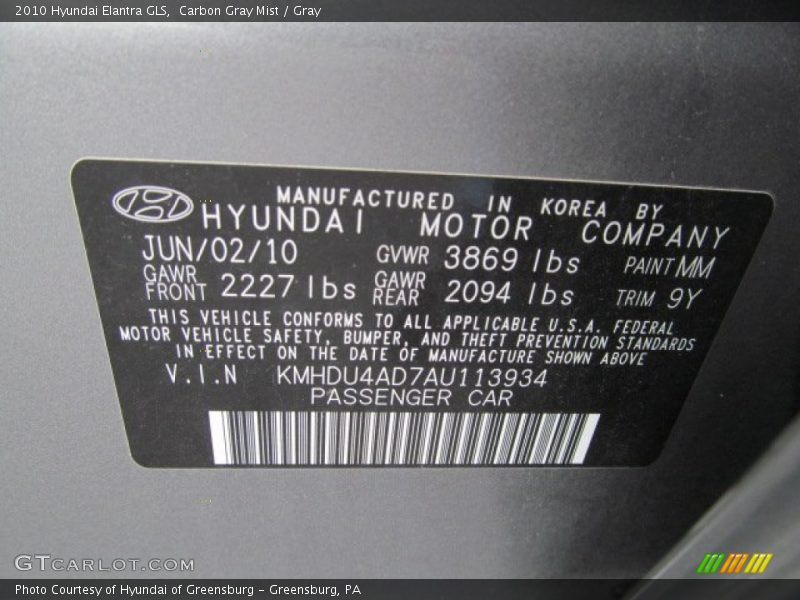 Carbon Gray Mist / Gray 2010 Hyundai Elantra GLS