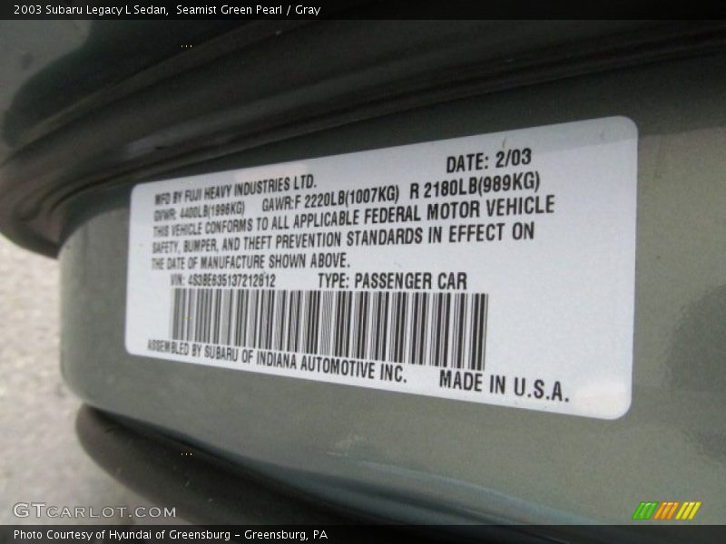 Seamist Green Pearl / Gray 2003 Subaru Legacy L Sedan