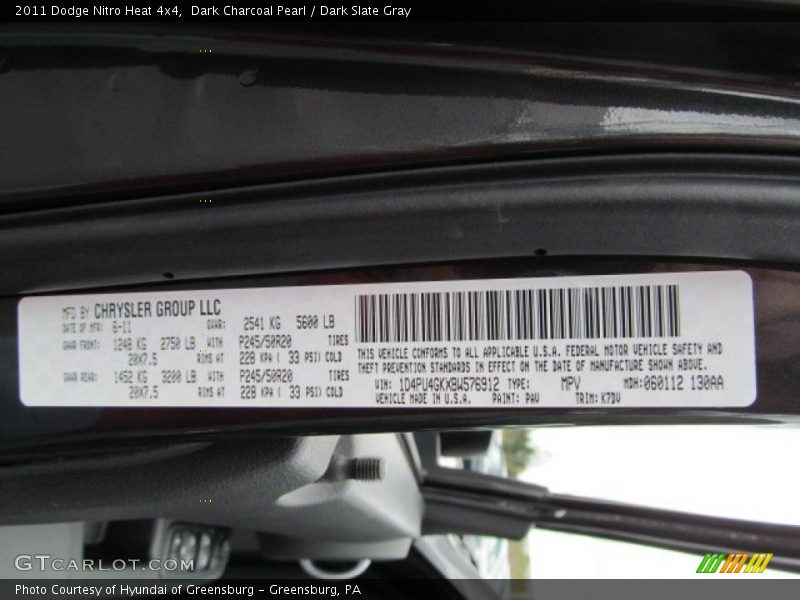 2011 Nitro Heat 4x4 Dark Charcoal Pearl Color Code PAV