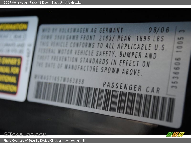 Black Uni / Anthracite 2007 Volkswagen Rabbit 2 Door
