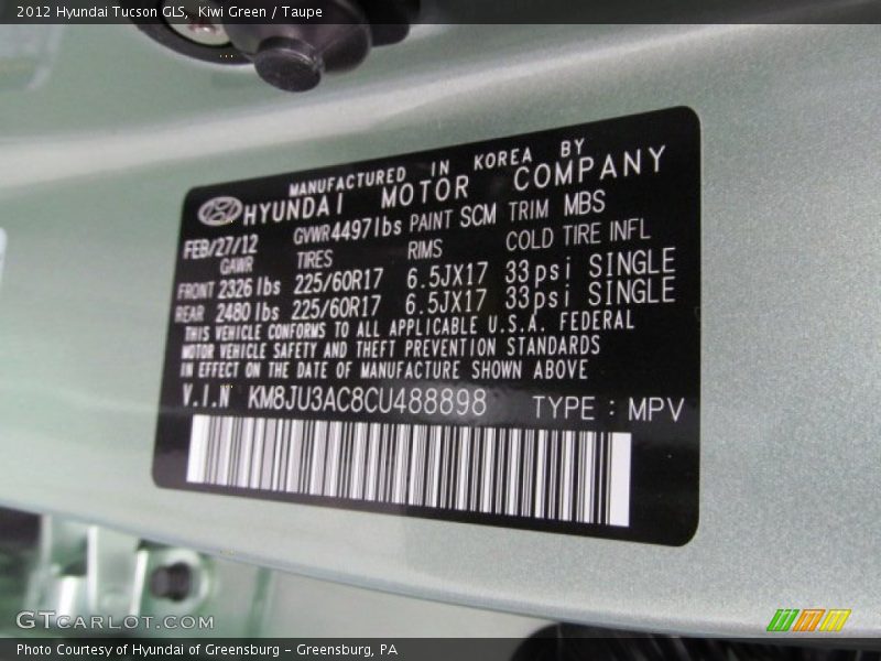 Kiwi Green / Taupe 2012 Hyundai Tucson GLS