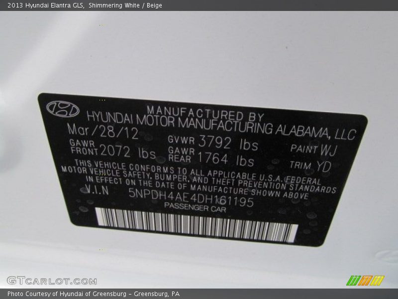 2013 Elantra GLS Shimmering White Color Code WJ