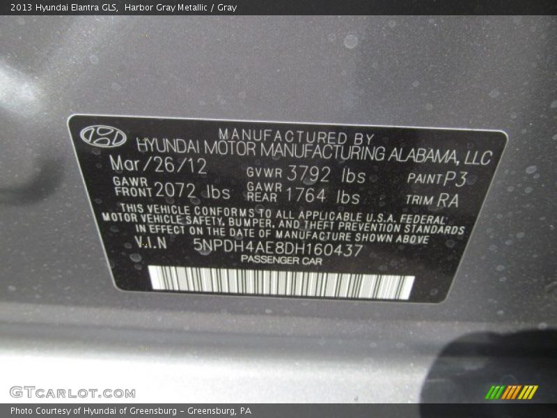 2013 Elantra GLS Harbor Gray Metallic Color Code P3