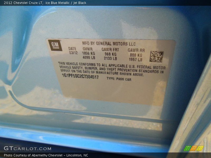 Ice Blue Metallic / Jet Black 2012 Chevrolet Cruze LT