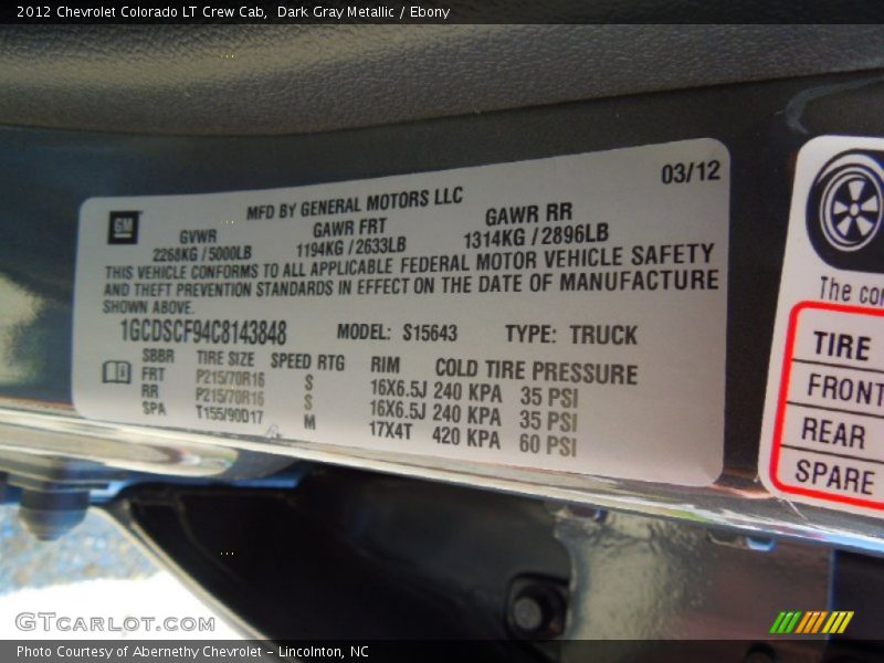 Dark Gray Metallic / Ebony 2012 Chevrolet Colorado LT Crew Cab