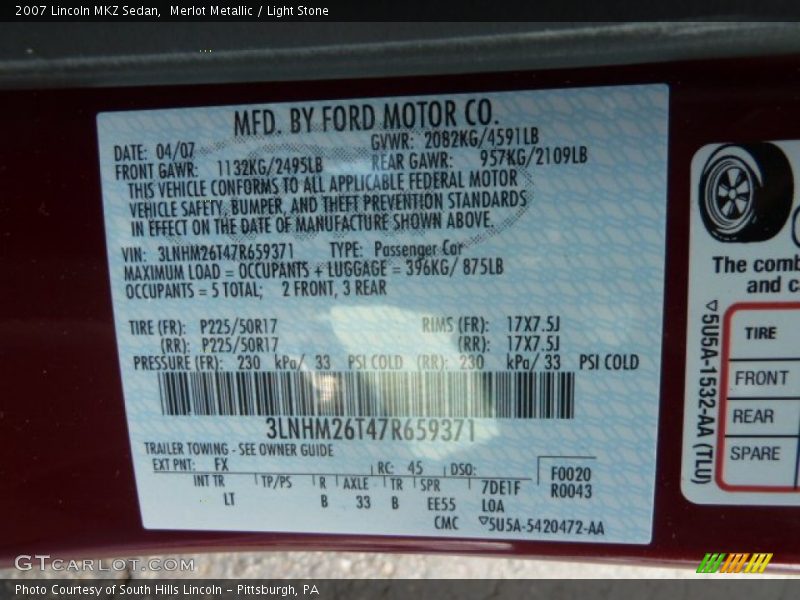 2007 MKZ Sedan Merlot Metallic Color Code FX