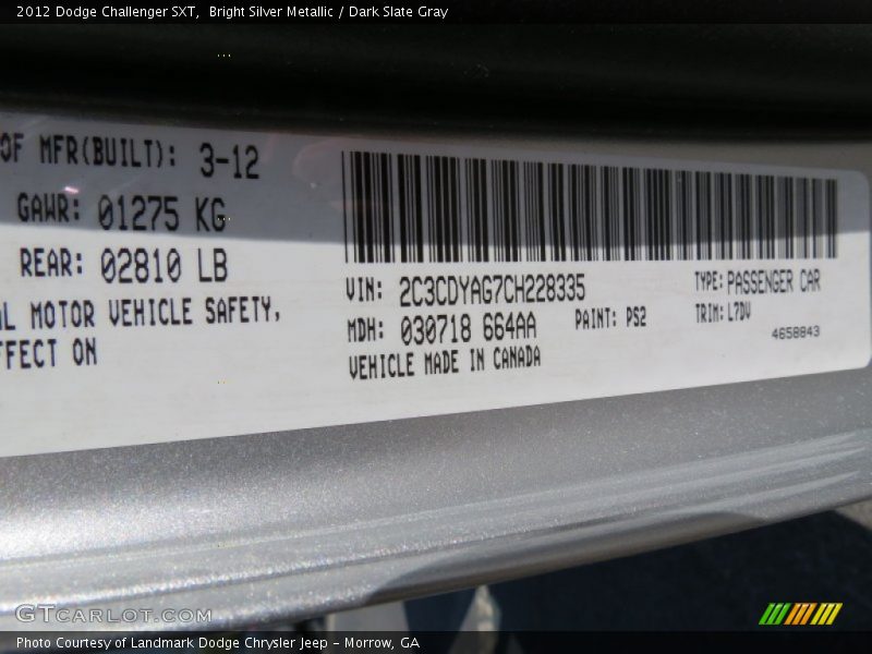 Bright Silver Metallic / Dark Slate Gray 2012 Dodge Challenger SXT