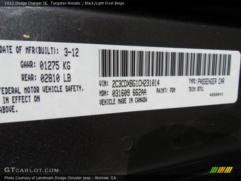 Tungsten Metallic / Black/Light Frost Beige 2012 Dodge Charger SE