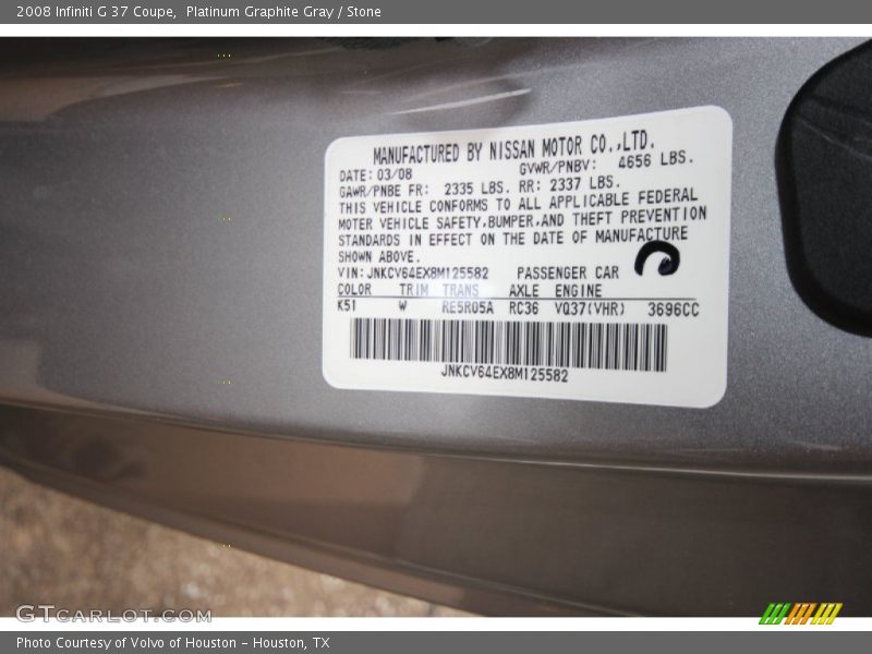 Platinum Graphite Gray / Stone 2008 Infiniti G 37 Coupe
