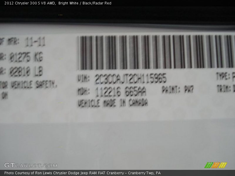 2012 300 S V8 AWD Bright White Color Code PW7