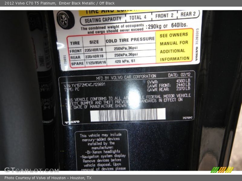 Ember Black Metallic / Off Black 2012 Volvo C70 T5 Platinum