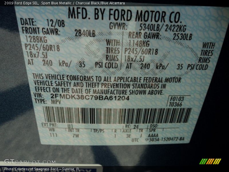 Sport Blue Metallic / Charcoal Black/Blue Alcantara 2009 Ford Edge SEL